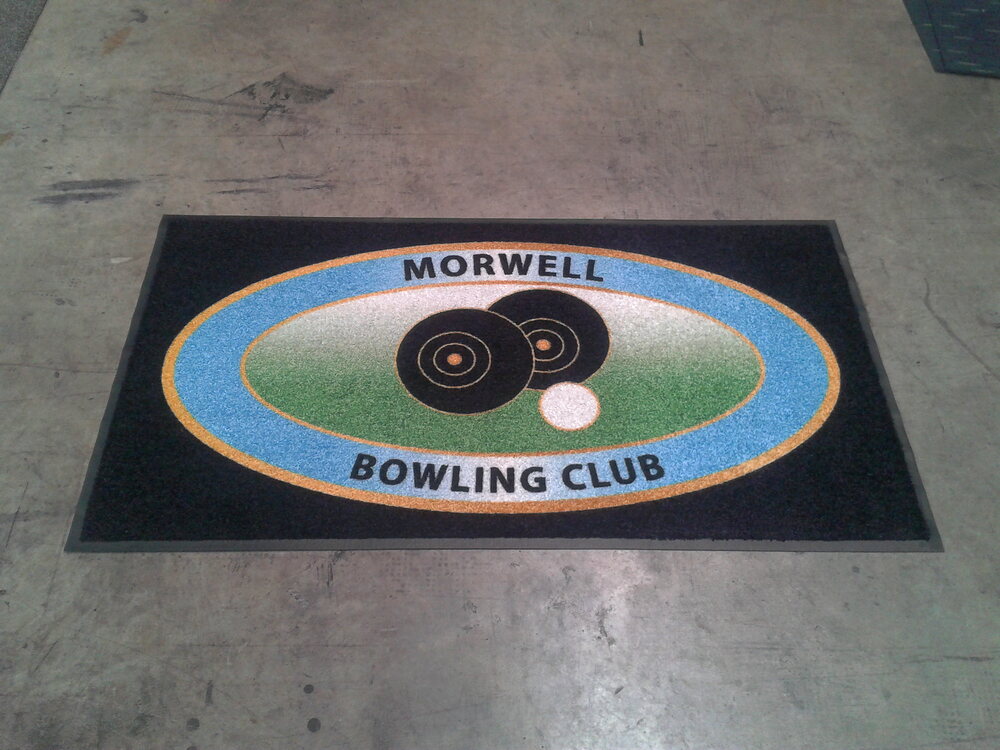 Black Morwell Bowling Club logo doormat with a lawn bowl emblem