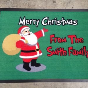 Green Christmas doormat with Santa and a family name